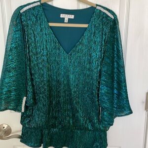 Chaus XL metallic green &turquoise top., rhinestone trim on shoulders & sleeves